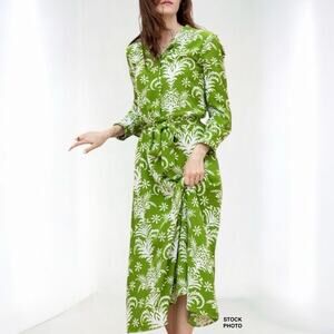 Zara Green White Lilou Maxi Dress Size M Belted Button Front Floral Boho Resort